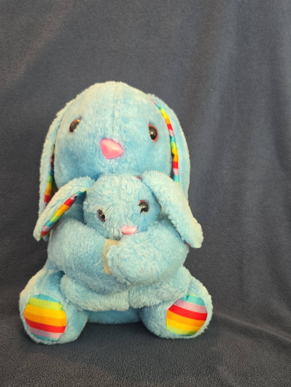 Vintage Blue Plush Bunny And Baby with Rainbow Accents